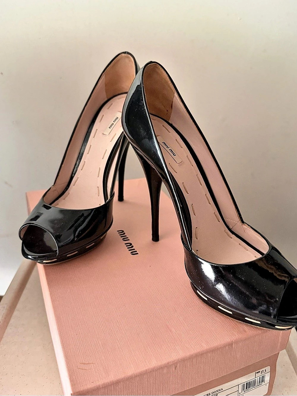 Miu Miu Patent Leather Platform Peep-Toe Stiletto Pumps Black Like New